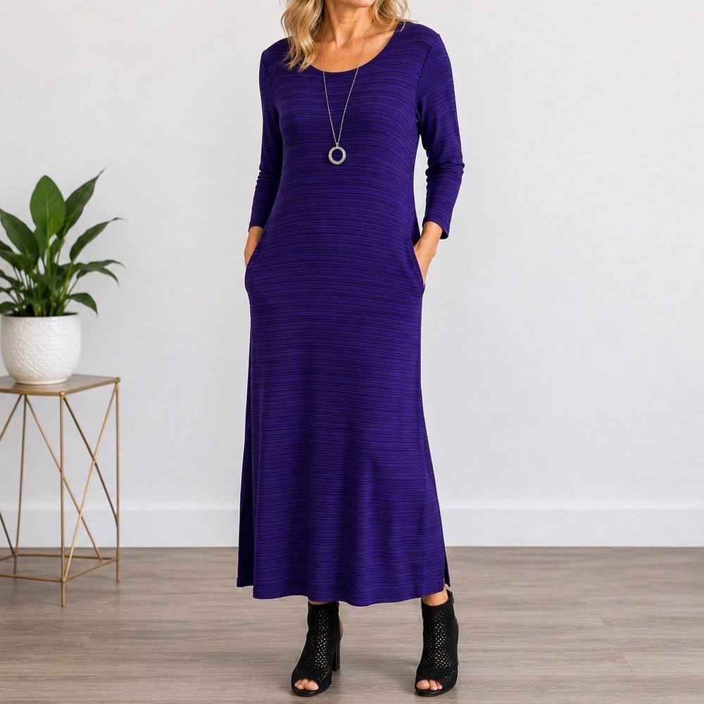 Cut Loose Dress M Purple Black Stripe Texture Long Sleeve Maxi Pockets Lagenlook